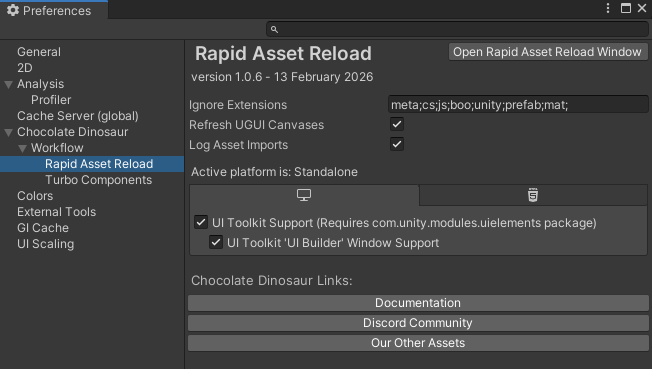 Rapid Asset Reload preferences window RapidAssetReload